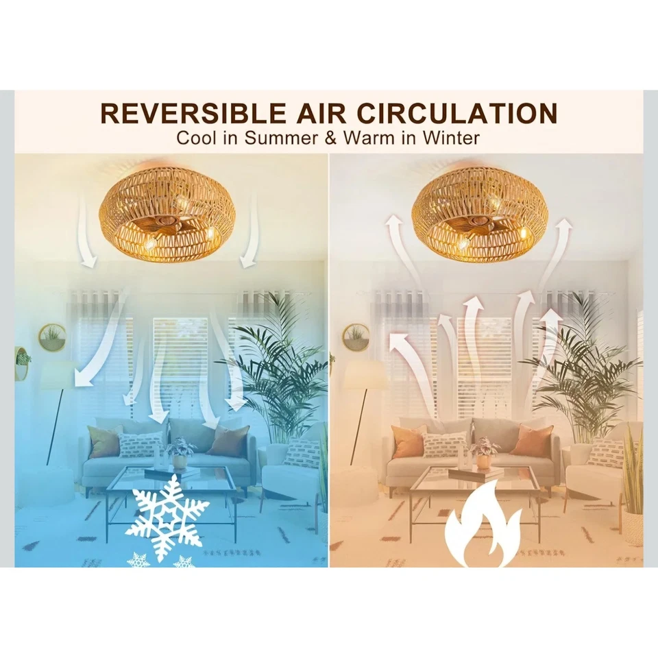 Boho Rattan Ceiling Fan with Light Remote Woven Lamp Shade 8 Reversible Blades - Image 3 of 4