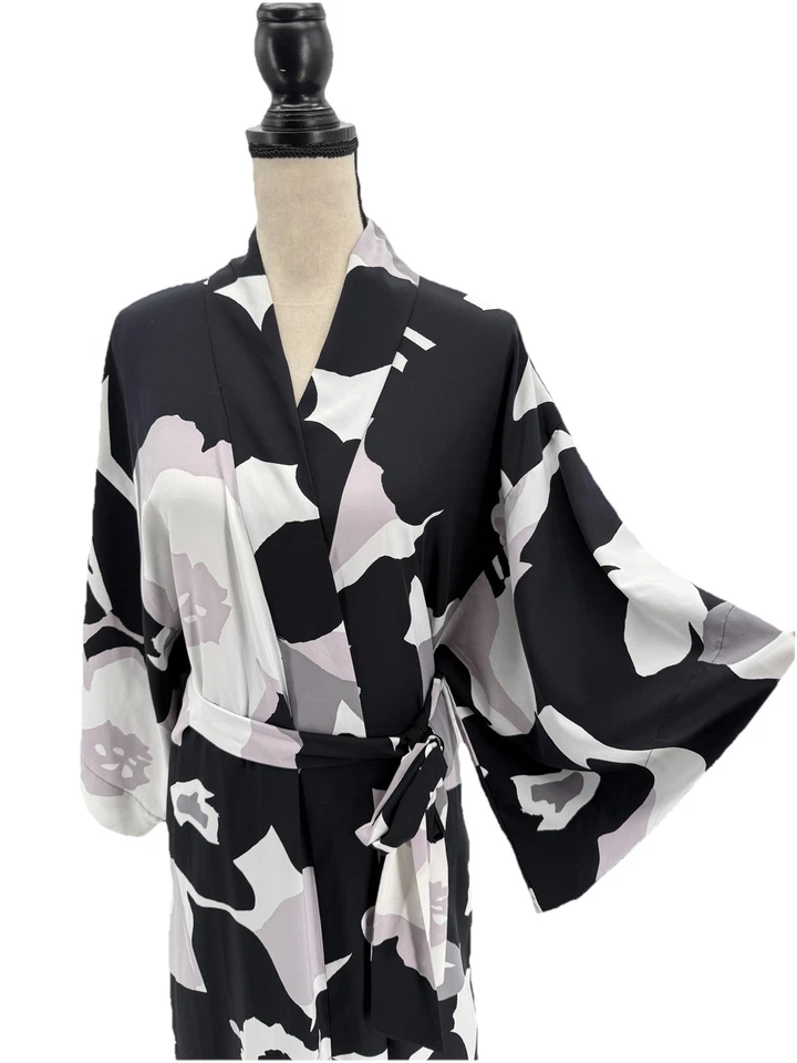 Bata de satén para mujer Natori kimono negra gris XL floral longitud midi Foto 2 de 4
