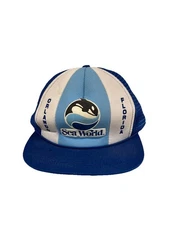 Vintage Trucker Hat SnapBack Mesh Sea World Hat Blue White Shamu Whale 1989 