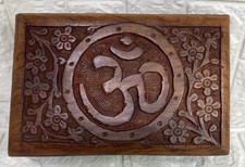 Tree Of Life Carved Wooden Hinged Lined Red Trinket Box Om Symbol Flowers 6  EUC