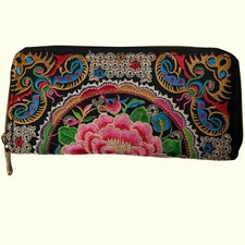 Floral Embroidered Wallet Black Zip Around Organizer Women's Flower Boho Peony
