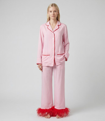 EUC Sleeper Party Pajama Set Pink Red Feather Trim Boudoir Lounge PJs Sz S