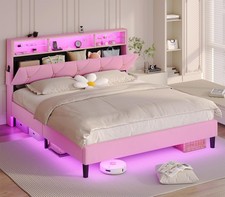 Full Size Bed Frame with Headboard Storage  Charging Station