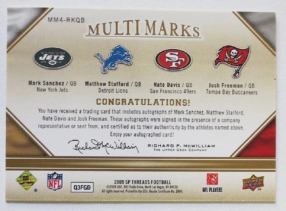 2009 UPPER DECK SP AUTHENTIC QUAD AUTOGRAPH MATTHEW STAFFORD /10 ULTRA RARE - Image 2 of 2