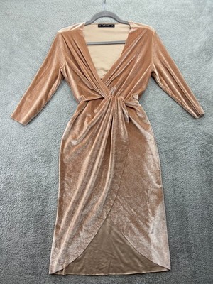 Zara Basic Collection Dress Women's Extra Small Beige Velvet Crossover Wrap