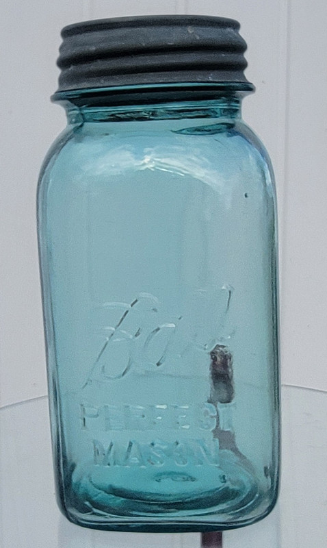Ball Perfect Mason Blue Glass Canning Jar with Lid, "6" on Base SQUARE QT.