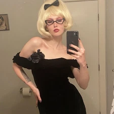 VTG 80s Nina Ricci Paris Black Off The Shoulder Velvet Dress