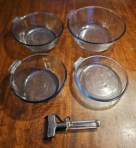 Vtg Pyrex Flameware 5pc Set 832-B 833-B 834-B 817-B Blue Tint Glass Handle & Pan