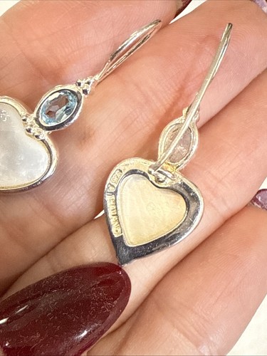 Sterling Silver Swiss Blue Topaz Mother of Pearl Heart Drop Earrings 7gr - Picture 5 of 7
