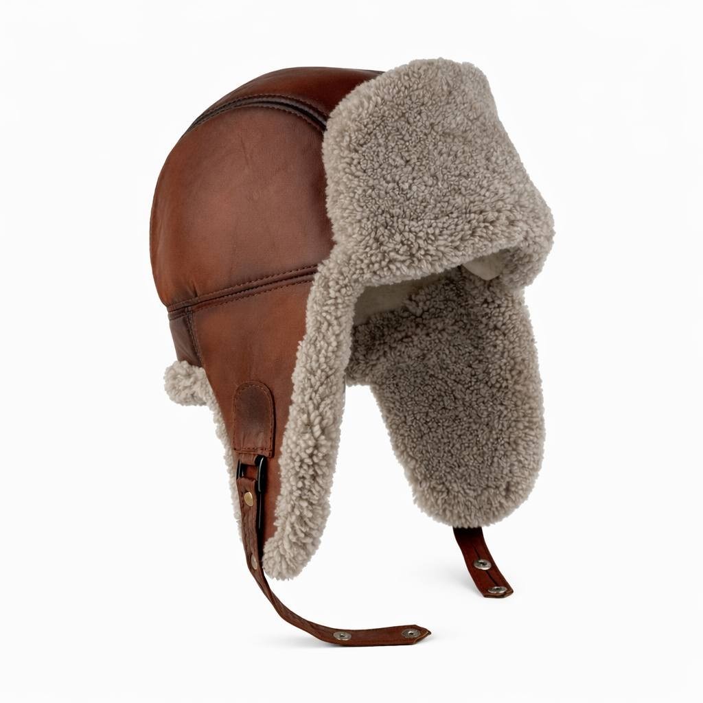 Unisex Vintage Leather Shearling Lined Ushanka Trapper Aviator Style Hat Shearling Sheepskin Leather Trapper Hat Aviator Ushanka  main image 3