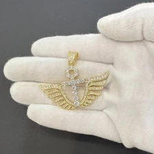 Anchor Wings Pendant Charm 925 Sterling Silver Gold Plated CZ 1.4 in