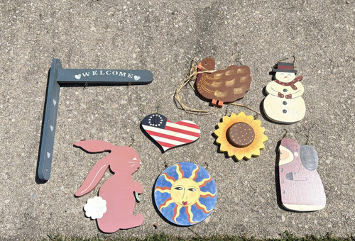 VNTG 80/90’s Seasonal Wood Hand Painted Hanging Signs Set Of 7 Granny Cottage