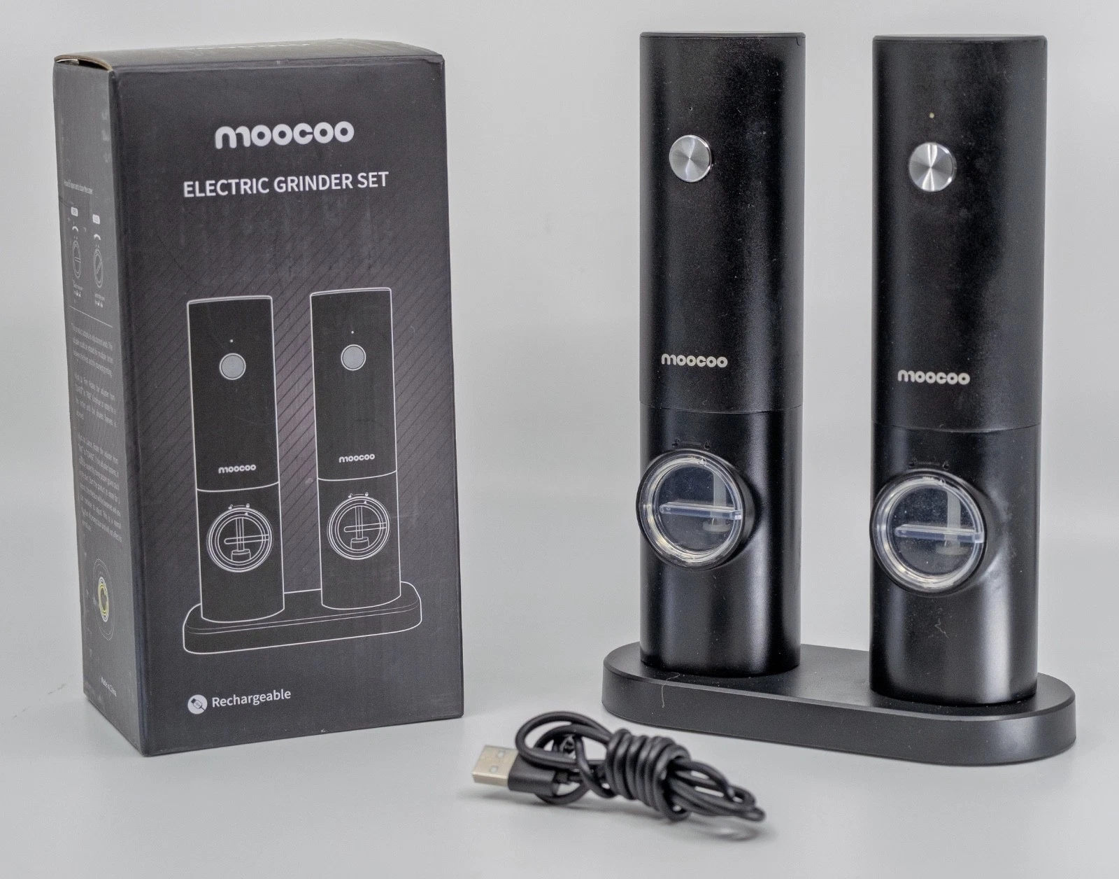 Moocoo Black Rechargeable Tower Salt & Pepper Grinders Mill