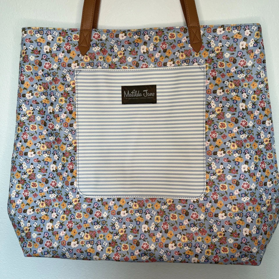 Bolso de Compras Matilda Jane Floral Rayas Azul Rosa Poli Grande Bolso Boho Cottage  Foto 3 de 4