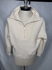 Saks Fifth Avenue Cashmere Sweater Womens XS Oatmeal 1/4 Zip Neck Collar Ribbed