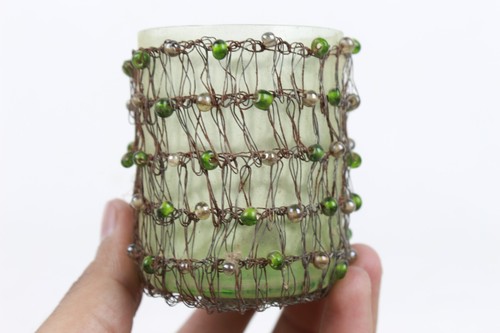 Vintage Old Beaded Wire Wrapped Glass Tumbler Votive Candle Holder - Foto 10 di 10