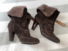 Sofft Skagen Womens Leather Suede Boots 4” Heel Shearling Lamb Fur Brown 8