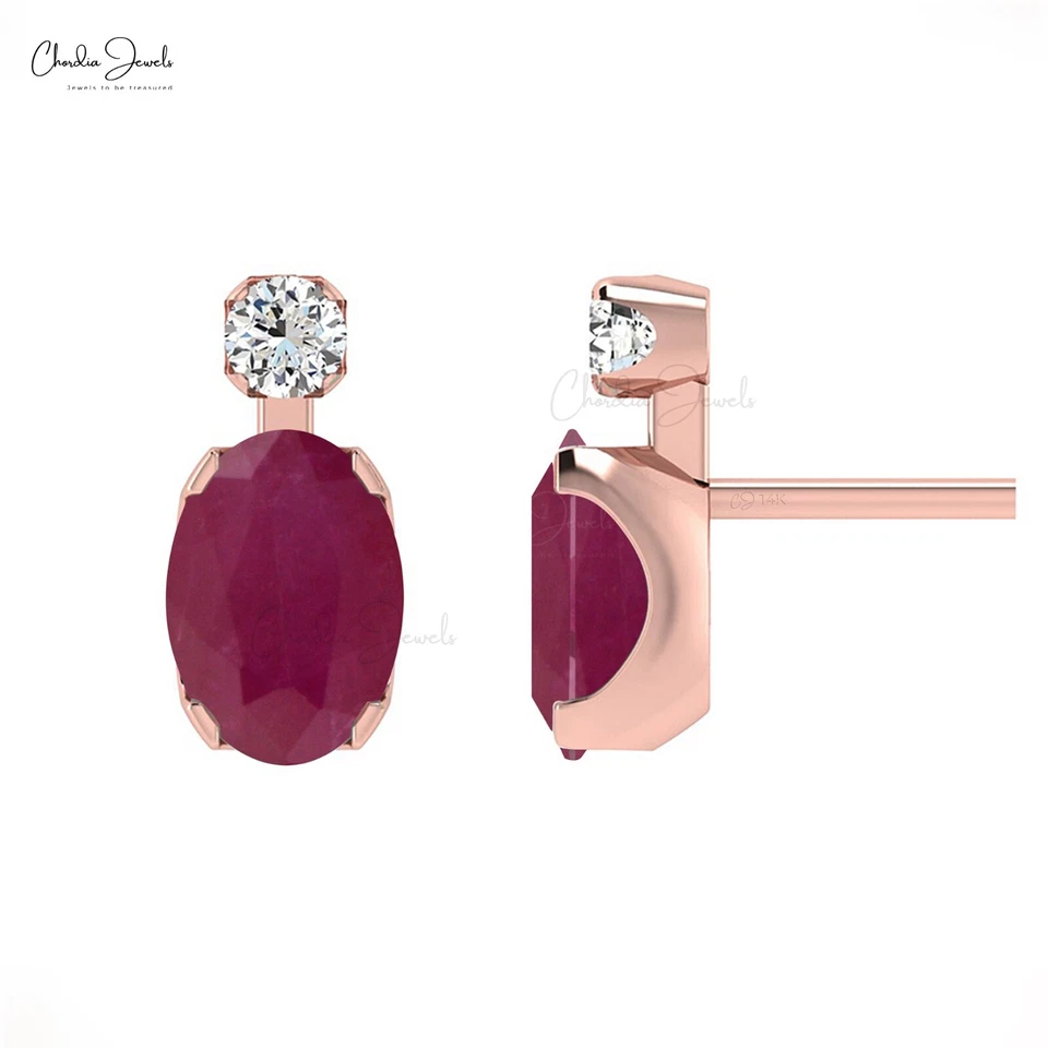 14k Solid Gold Natural Ruby Oval Stud Earrings with Diamond Accent Women Jewelry - Image 2 of 4