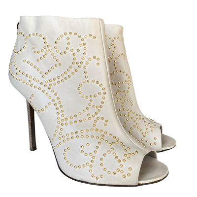 SERGIO ROSSI White Leather Gold Studded Peep Toe Zipper Ankle 