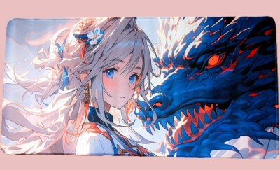 XL Gaming Mauspad Schreibtischunterlage 60x30cm - Orientalischer Drache mit Anime Girl - Neu G7