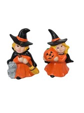 Vintage 70s Handmade Glazed Ceramic Halloween Witch Decor Set of 2 K14