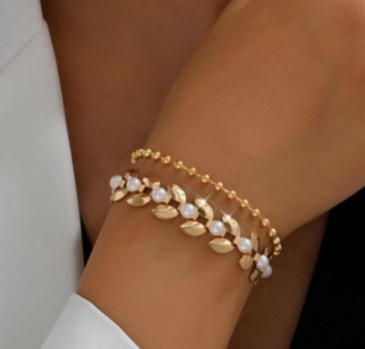 Zara new 18K Gold plated bracelet 2 pieces pearl beaded beads details size 19 cm