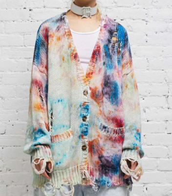 NWT~R13 Printed Tie-Dye Destroyed Jumbo Cardigan Size XS