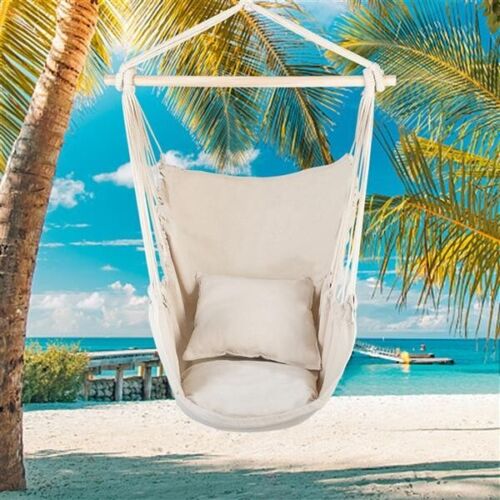 Hanging Chair Cotton Canvas Hanging Rope with 2 Pillows Outdoor Hammock, Beige - Picture 9 of 12