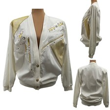 80s City Girl Sport Button Up V-neck Jacket White Metallic Gold 10 Vintage Usa
