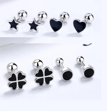 Enamel Sterling Silver 925 Heart Clover Star Ball Screw Back Stud Earrings D8