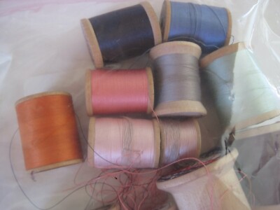 Wood Thread Spools Antique Most W/ Thread Lot 13