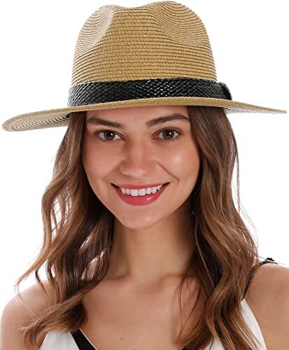 Mens Women's Wide Brim Straw Panama Sun Hat Light Brown/Black Belt - Picture 1 of 6