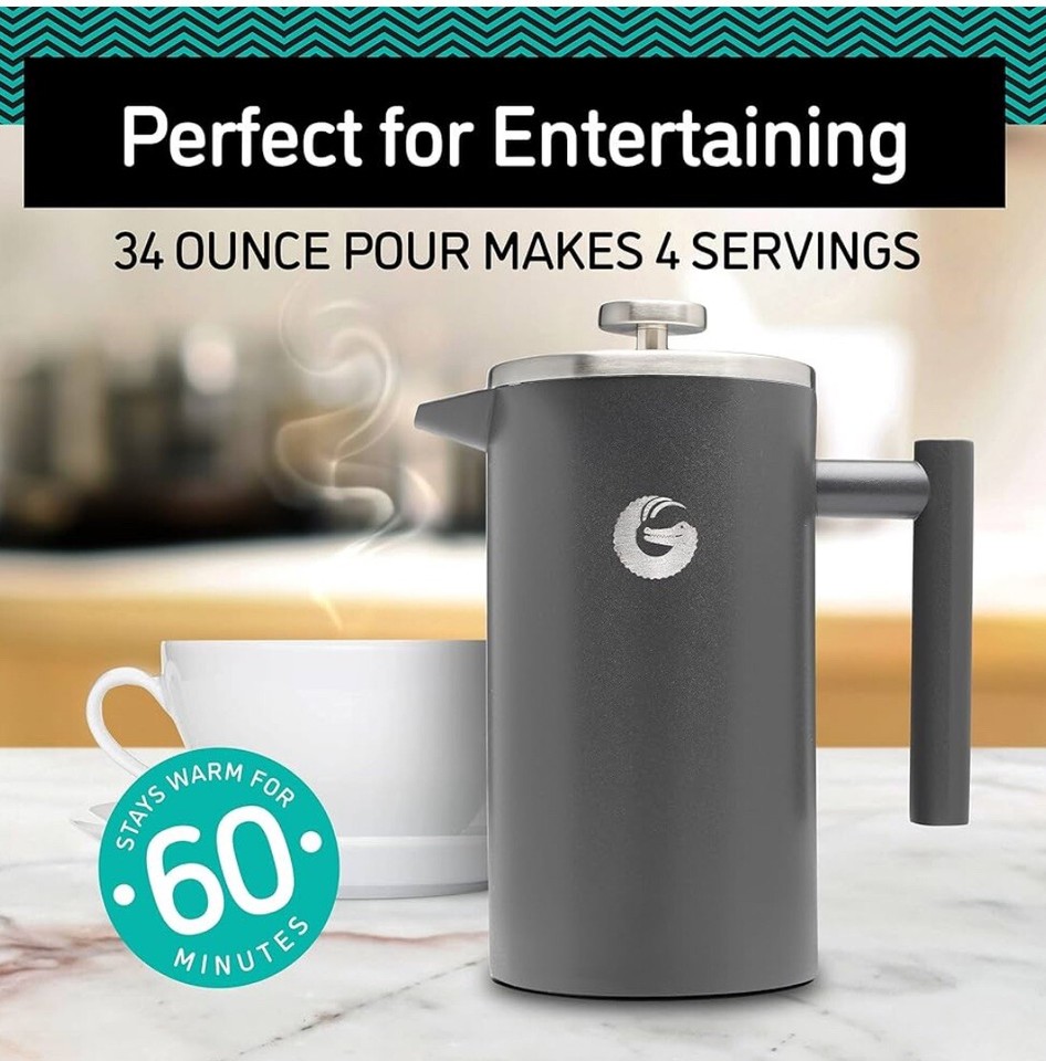 Coffee Gator French Press Maker Insulated Stainless Steel Manual Dark
