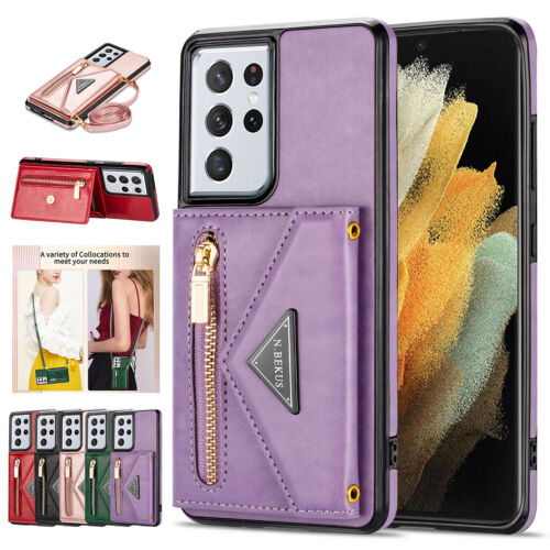Leather Wallet Strap Case For Samsung S23 Ultra S22 S21 S20 Note 20 A71 A52 A12 - Afbeelding 1 van 50