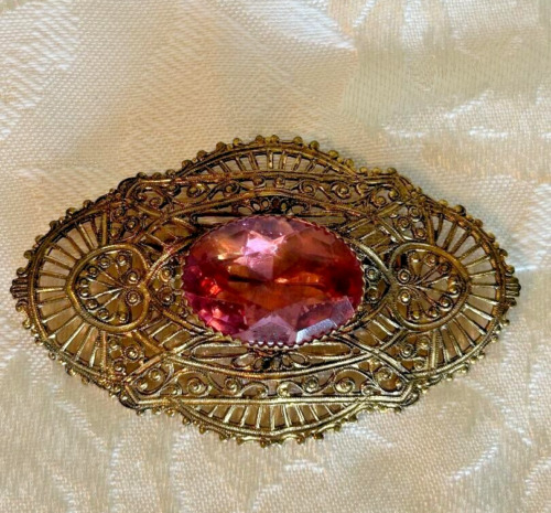 Antique Vintage Filigree Czech Brooch Large Pink … - image 1