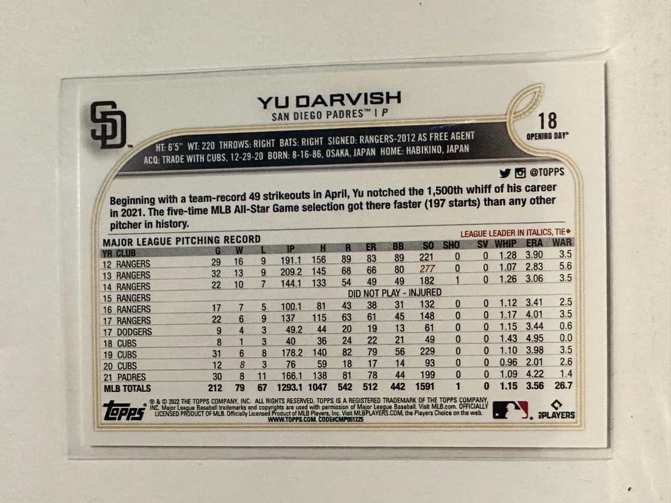 #18 Yu Darvish San Diego Padres 2022 Topps Opening Day Baseball Card - Image 2 of 2