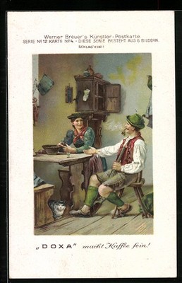Ansichtskarte Doxa macht Kaffee fein!, Schlag ein!, Am Küchentisch 