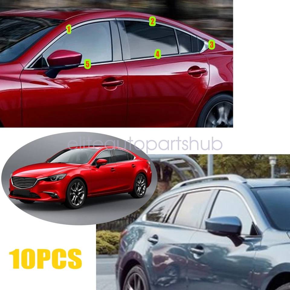 Tiras molduras de ventana de coche negras brillantes 10 piezas para Mazda 6 sedán 2014-2021 Foto 3 de 4