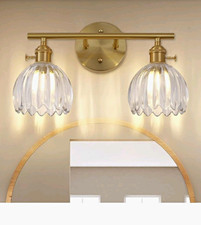2-Light Brass Vanity Bathroom Light Clear Tulip Glass Shades E26 UL 60W