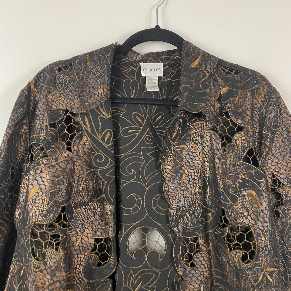 Chaqueta Chicos Bordada Corte Encaje Frente Abierto Talla 3 US XL Bronce Negra Foto 2 de 4