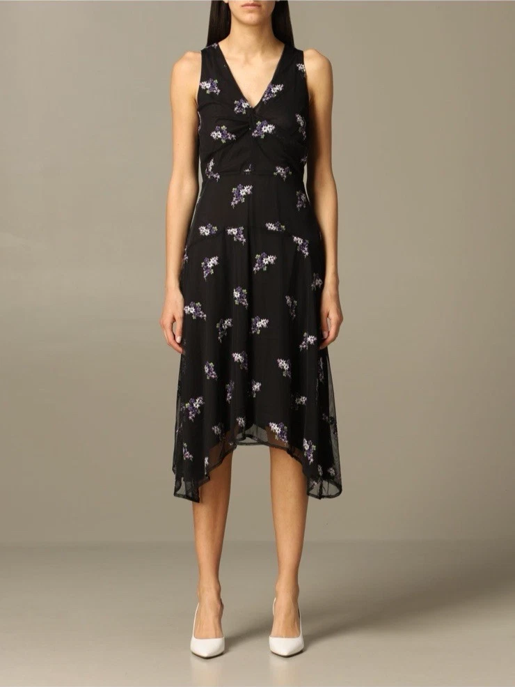 Abito Michael Kors nero con orlo a fazzoletto a rete ricamato floreale taglia large