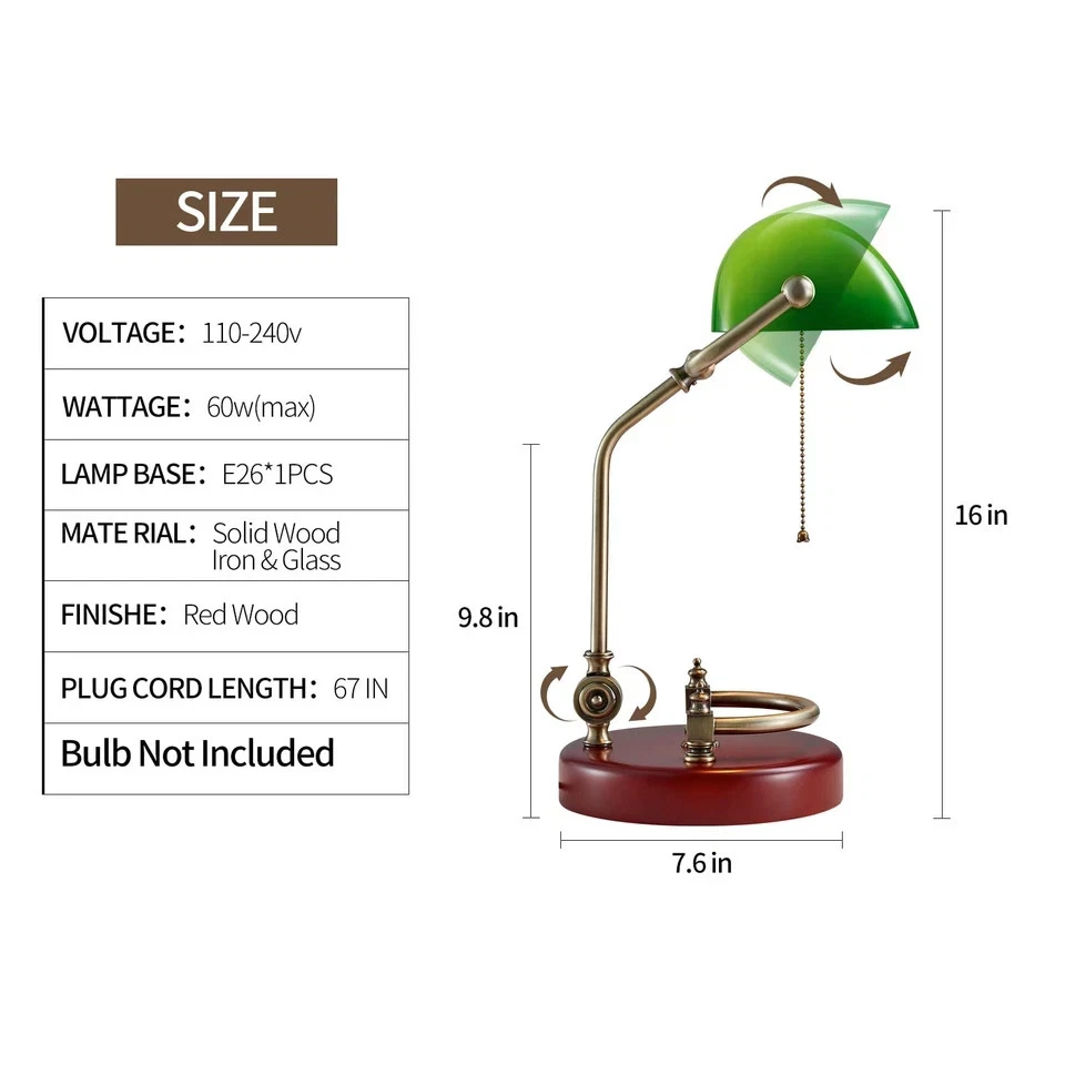 Bankers Lamp, Traditional Green Desk Lamp with Solid Birch Wood Base, Green G - Image 2 of 4