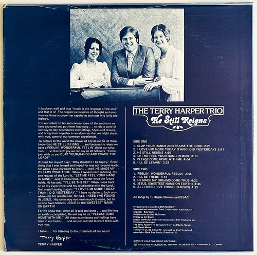TERRY HARPER TRIO "He Still Reigns" Rare 1977 LP, Xian Soft Rock, Pop, Don Marsh - Picture 2 of 4
