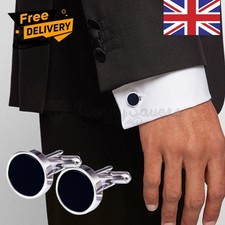 Round Black Onyx Stone Silver Plated Stainless Steel Mens Cufflinks Cuff Links