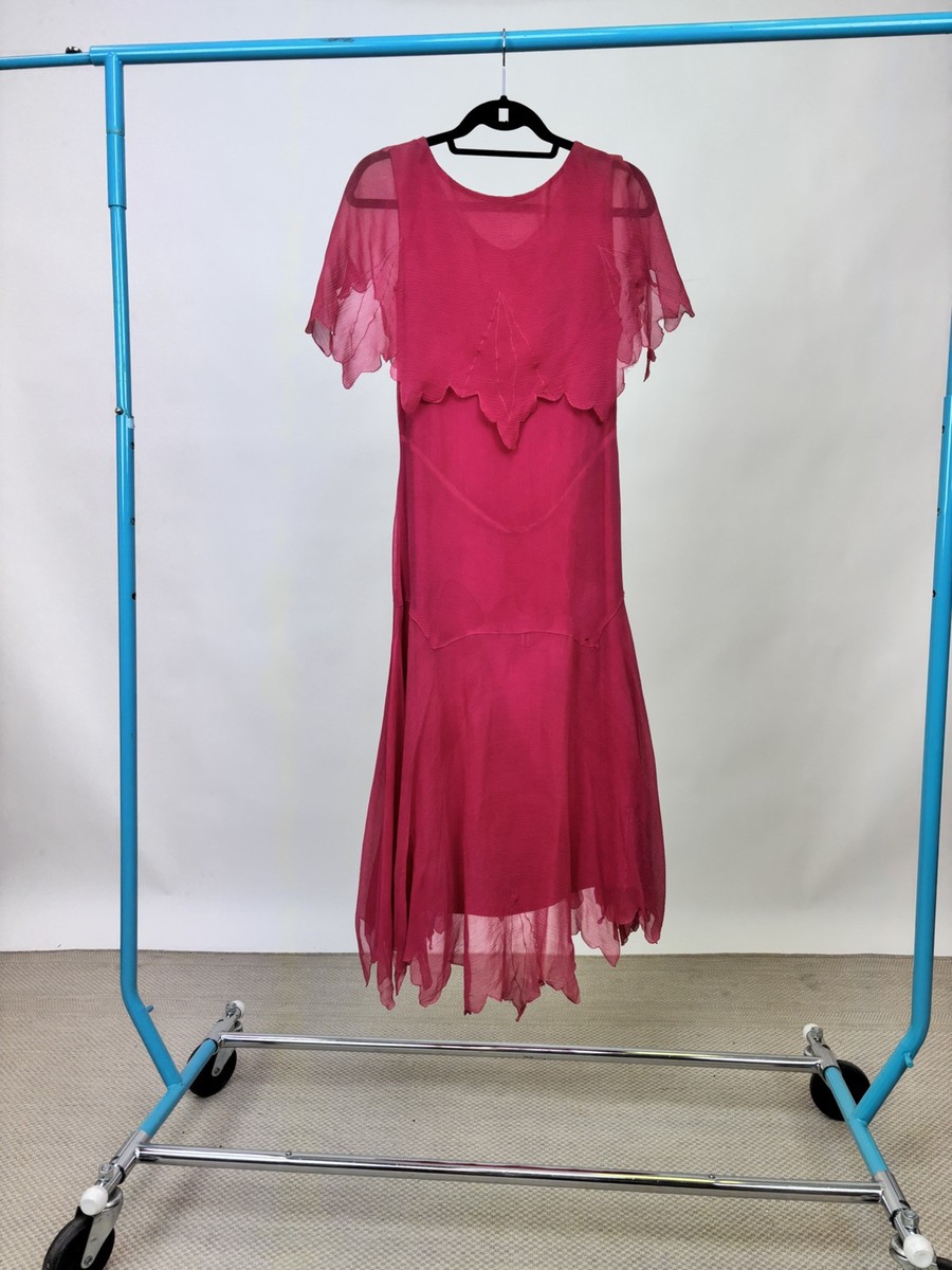Antique 1920s 1930s Magenta Pink Silk Chiffon Dress Drop Waist Flapper AS IS