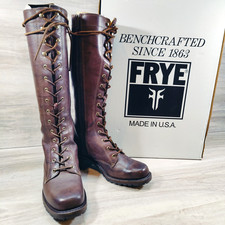 VTG Frye Campus Lace Up Tall Boot Women 7.5 M Walnut Brown Square Toe Zip Up USA