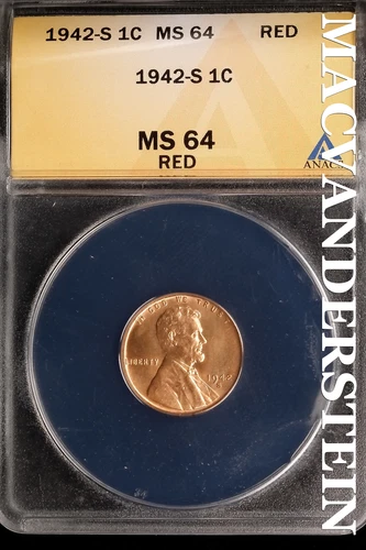 1942-S Lincoln Wheat Cent - ANACS MS 64 Red - Scarce  No Reserve  #SLK670