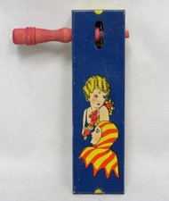 Kirchhof Rectangular Ratchet 4" Tin Litho - Jester  Girl Noisemaker EX  USA