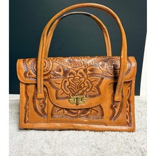 Vtg Hand Tooled Leather Floral WesternSun Handbag Rose Tan Satchel 70s Boho READ