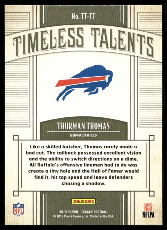 2019 Panini Legacy Timeless Talents Thurman Thomas #TT-TT - Image 2 of 2